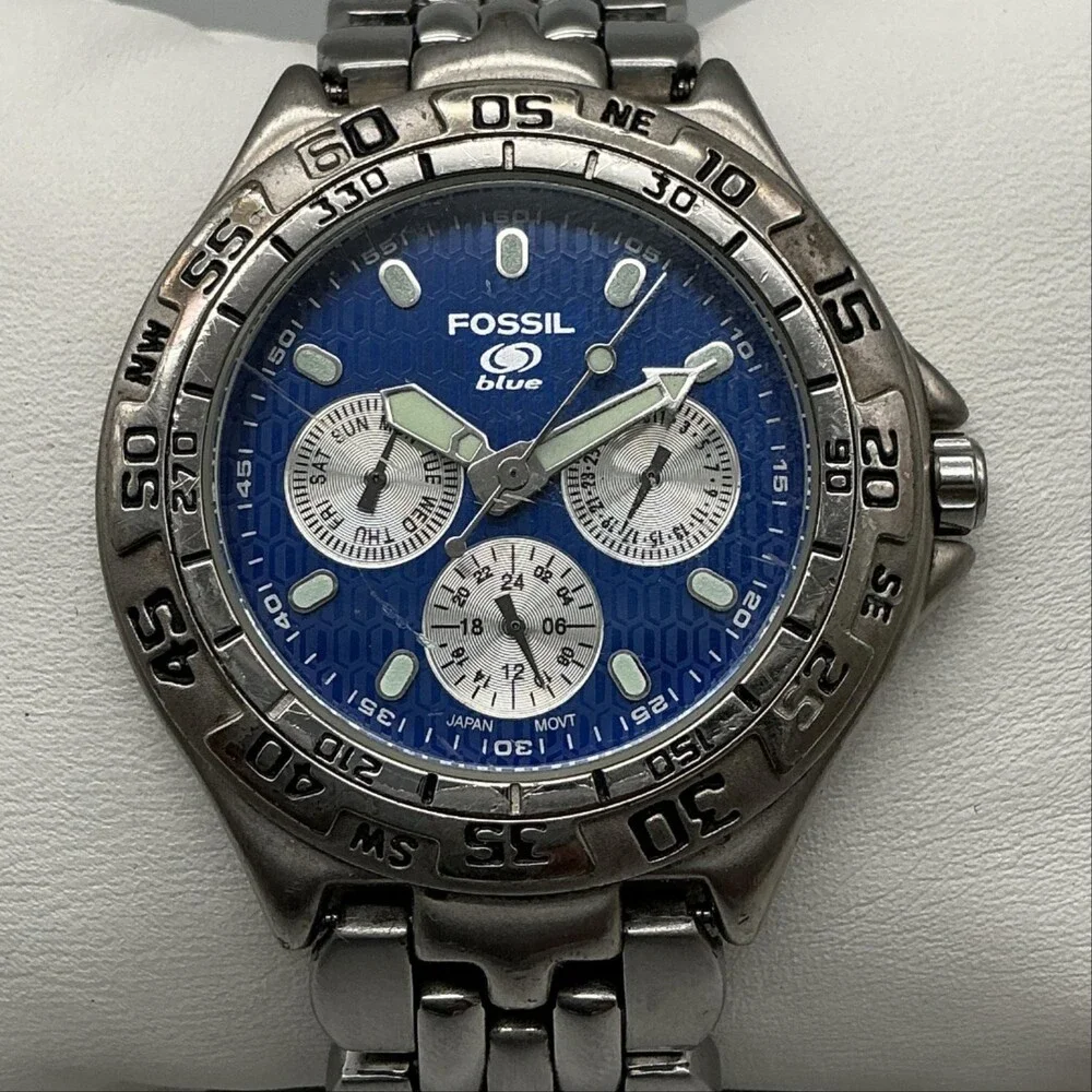 Vintage Fossil Blue BC-8795 Mens Watch 40mm Silver Tone New Battery 6.75